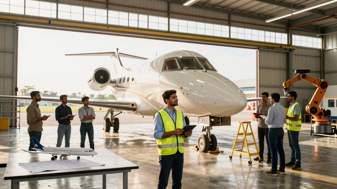 Homens com coletes de segurança revisam jato privado numa hangar com mesa e modelo de avião.