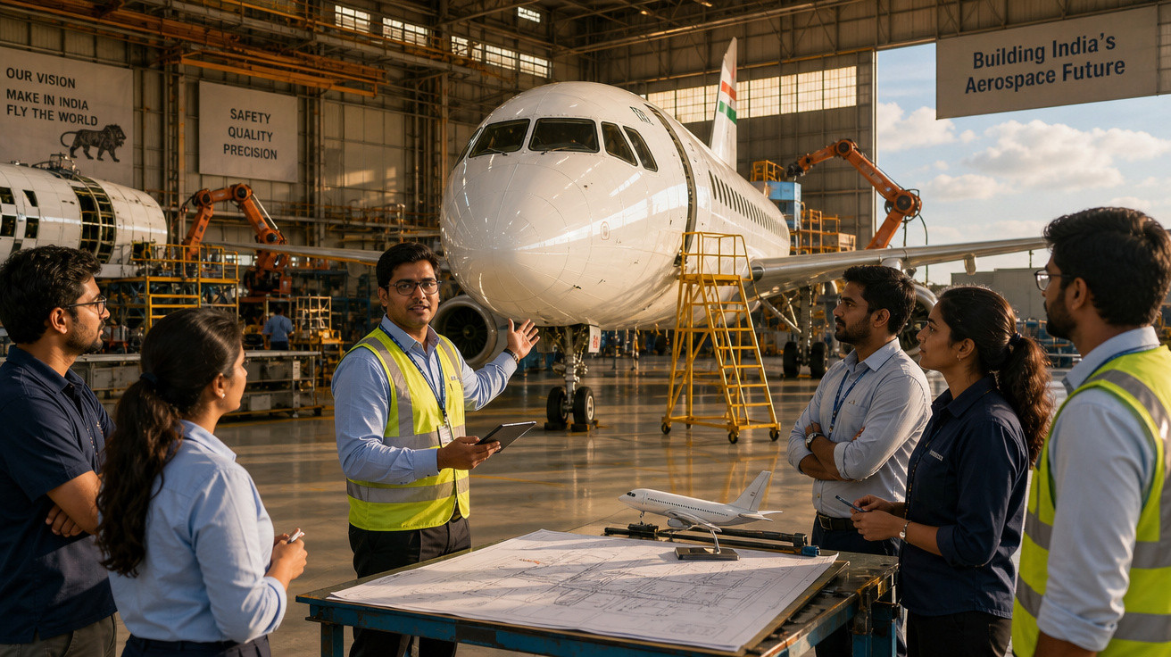 Grupo de engenheiros em reunião junto a um avião num hangar de manutenção aeronáutica.
