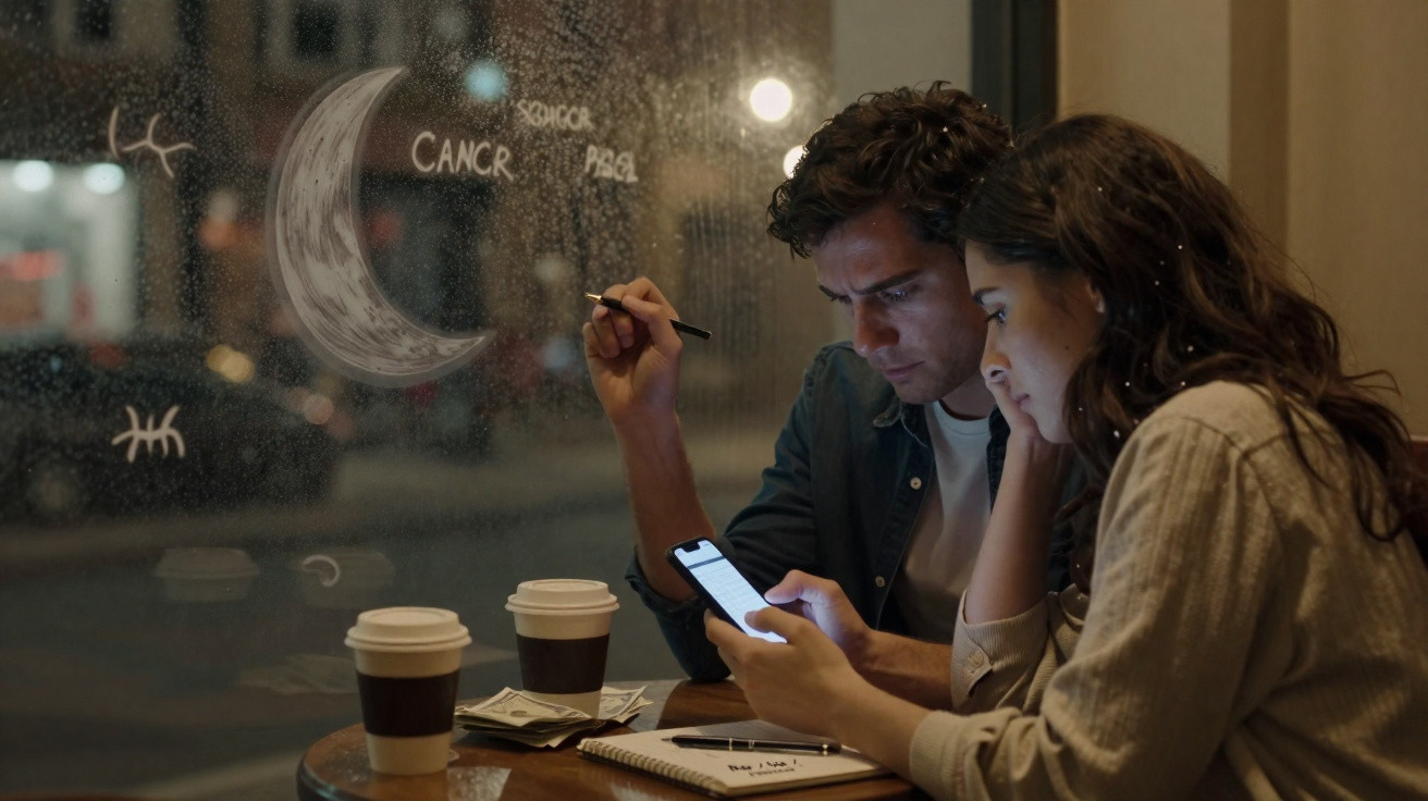 Casal numa cafetaria à noite, olhando para o telemóvel, com desenhos de signos na janela com gotículas de água.