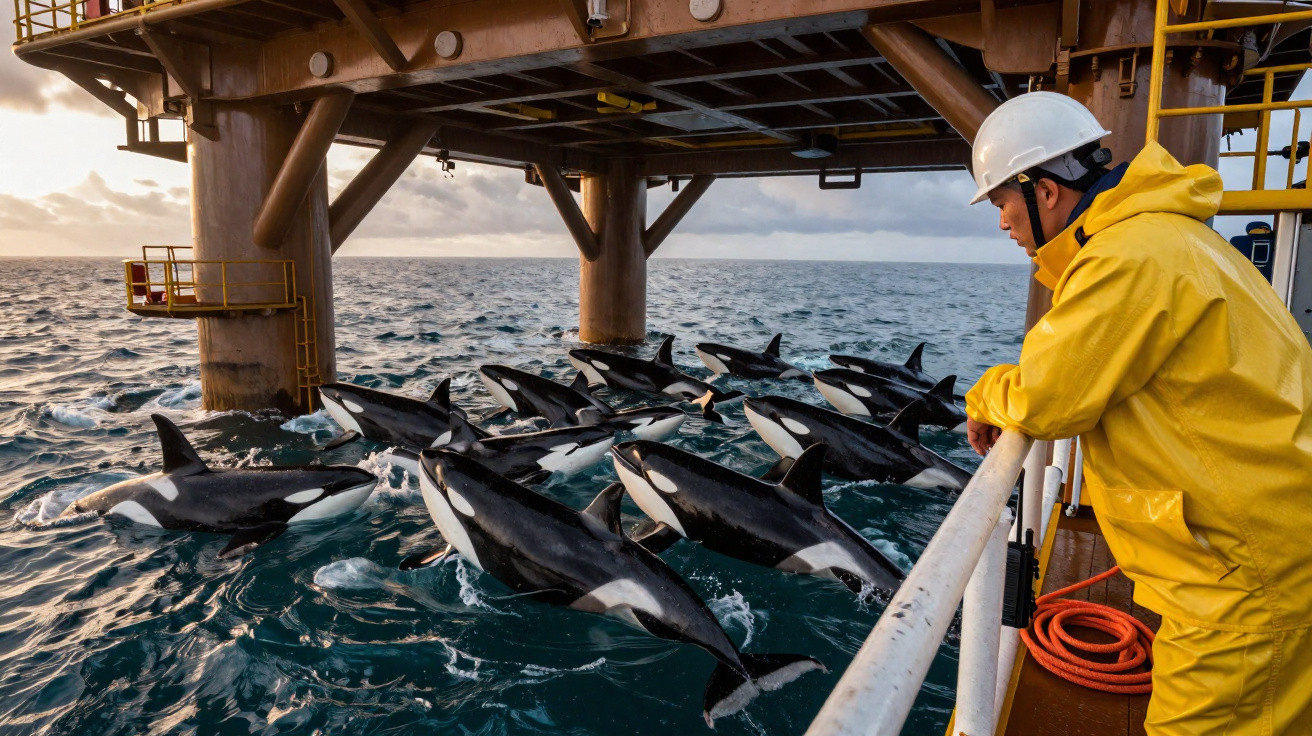 Homem com fato amarelo e capacete observa orcas a saltar perto de plataforma no mar ao pôr do sol.