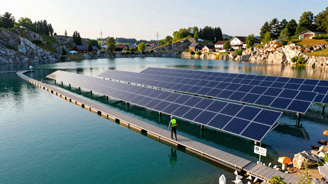 Painéis solares flutuantes numa lagoa com montanhas, casas e uma pessoa a caminhar na plataforma.