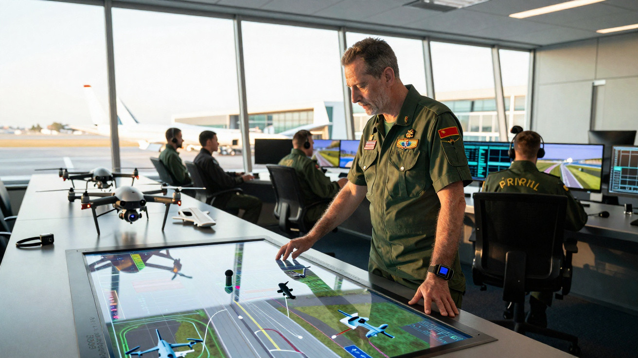 Homem em uniforme militar controla drones numa sala de operações com écrans e janelas para uma pista de aviação.