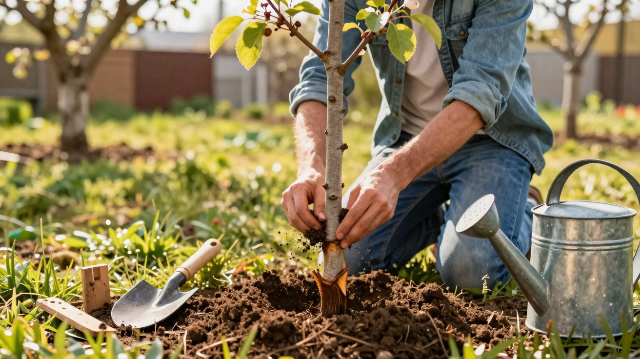 Pessoa a plantar uma árvore jovem num jardim com regador e enxada ao lado.