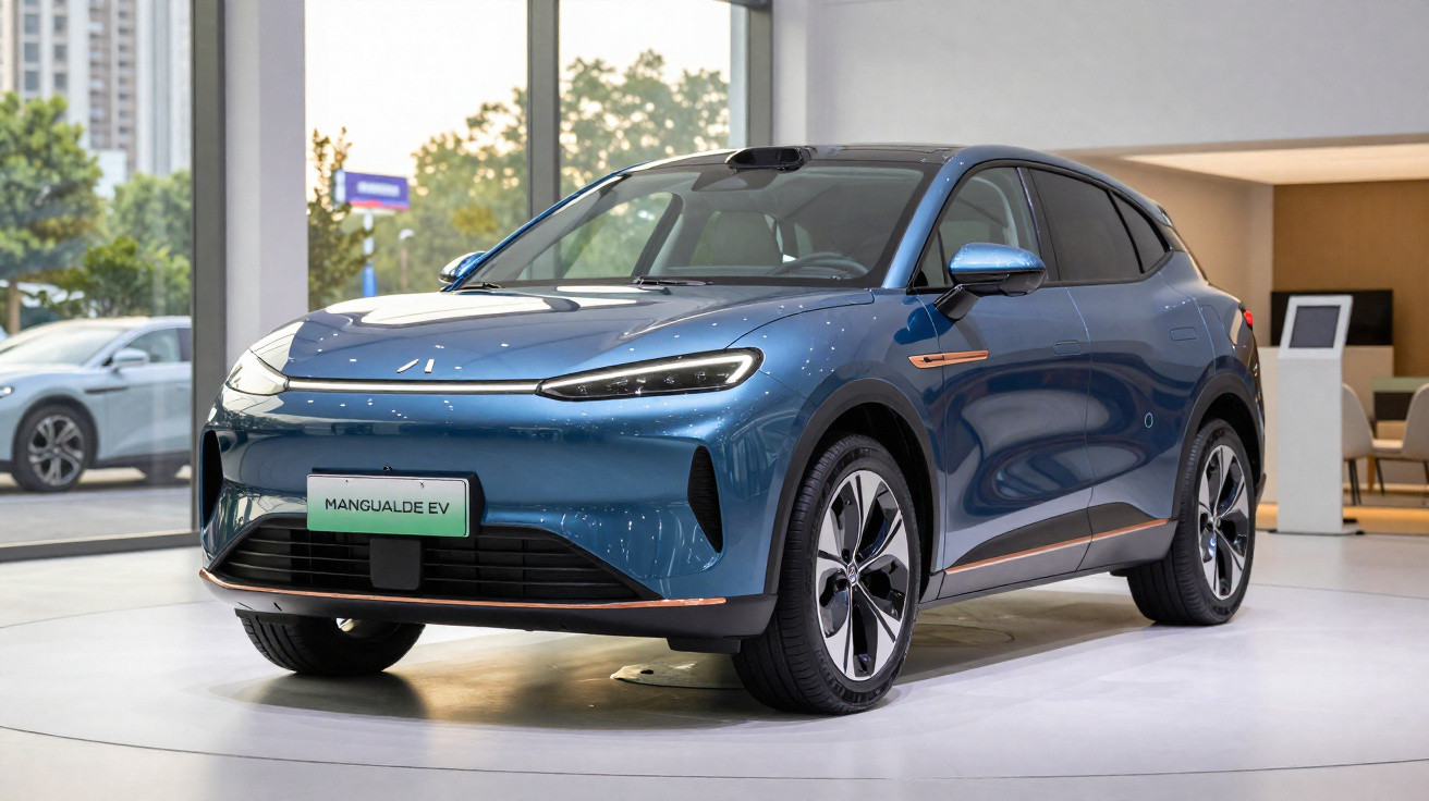 Automóvel elétrico azul metálico Mangalude EV estacionado em espaço interior moderno.