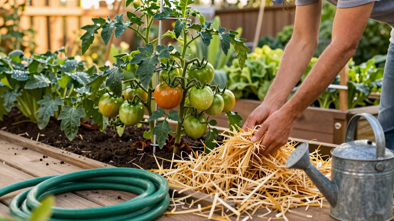 Pessoa a colocar palha em canteiro com plantas de tomate e regador metálico ao lado.