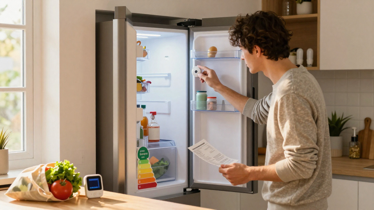Homem a colocar sensor inteligente na porta de frigorífico aberto numa cozinha moderna.