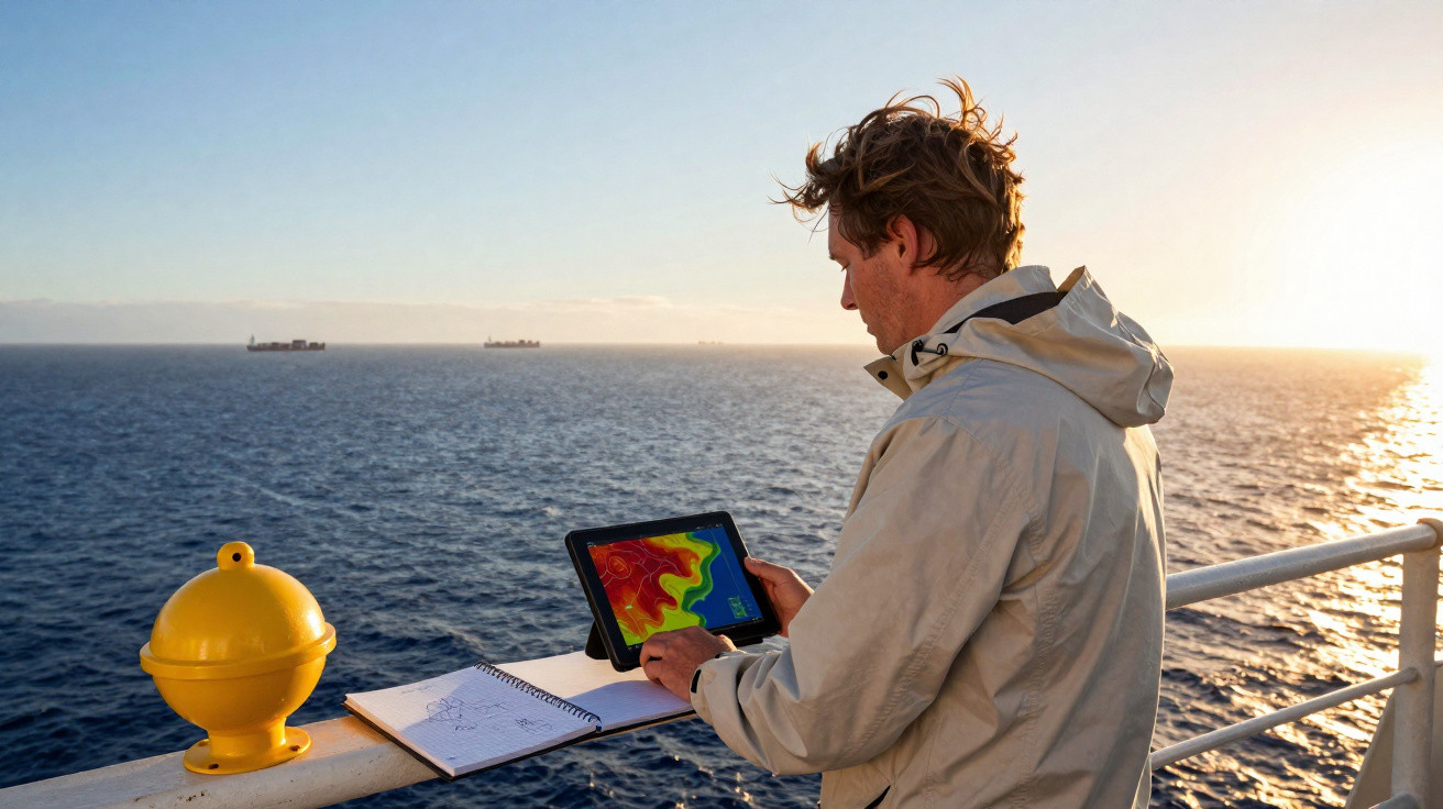 Homem com casaco claro consulta dados meteorológicos num tablet a bordo de um navio ao pôr do sol.