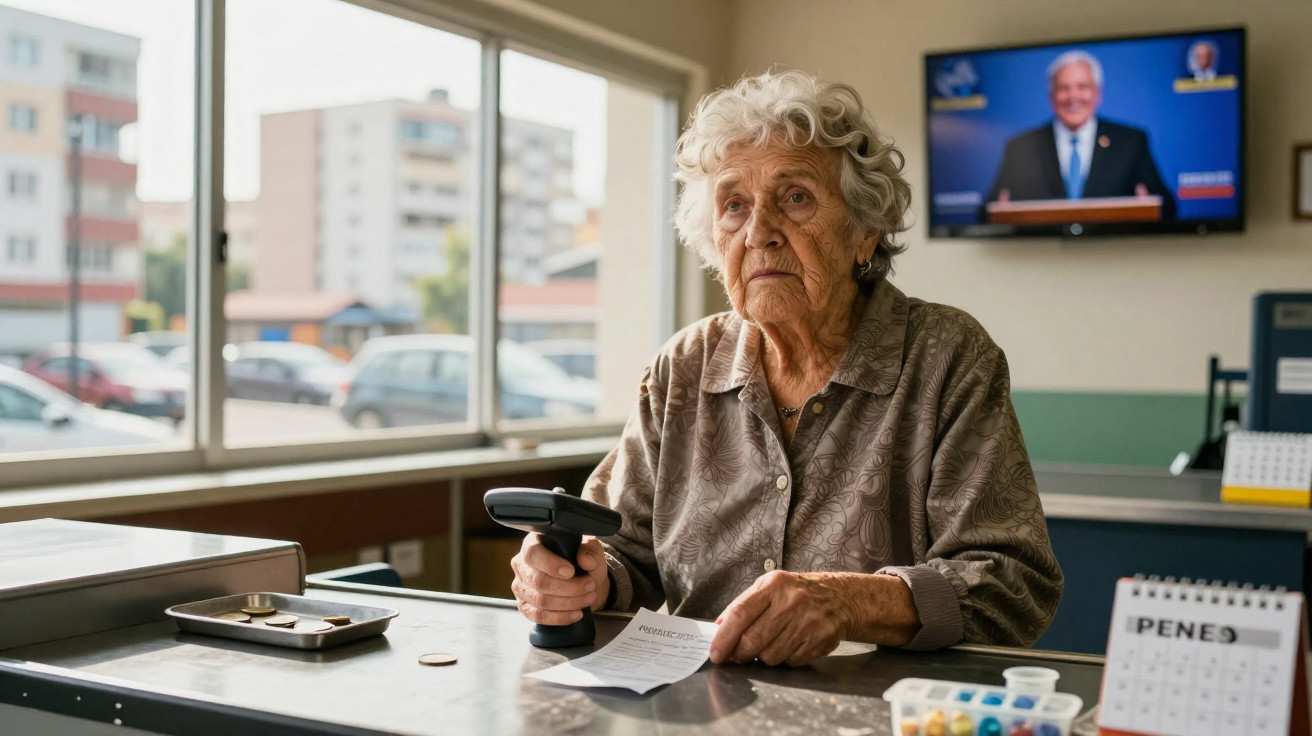 Idosa sentada num balcão com leitor de código de barras e papel na mão, televisão ao fundo.