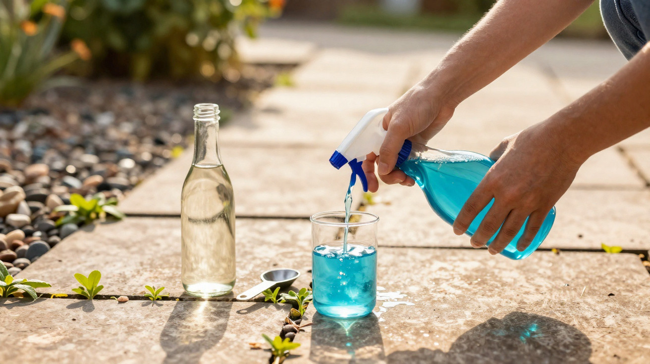 Mãos a verter líquido azul de um borrifador para um copo transparente numa calçada com plantas pequenas.