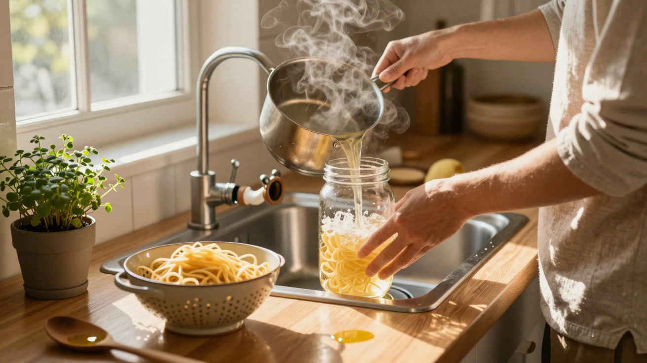 Pessoa a verter água quente numa jarra com massa cozida numa cozinha iluminada pelo sol.