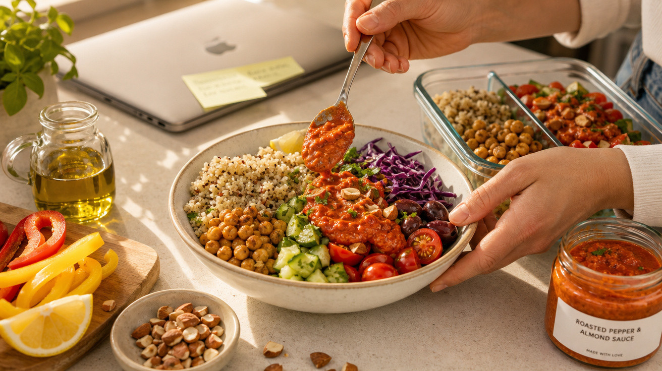 Prato de salada colorida com grão, quinoa, legumes frescos e molho de pimentos vermelhos e amêndoas.