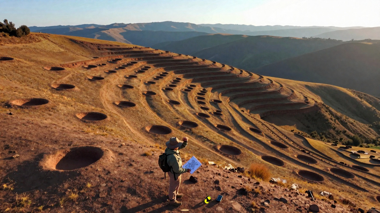 Paisagem de colina com círculos escavados no solo e pessoa a estudar o local ao final da tarde.