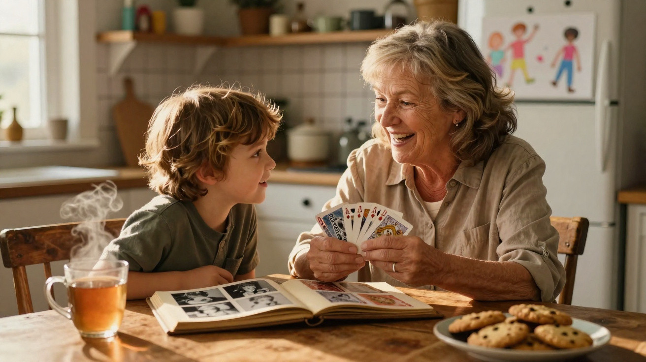 Avó e neto sorridentes jogam cartas na cozinha, com livro e chá quente na mesa.