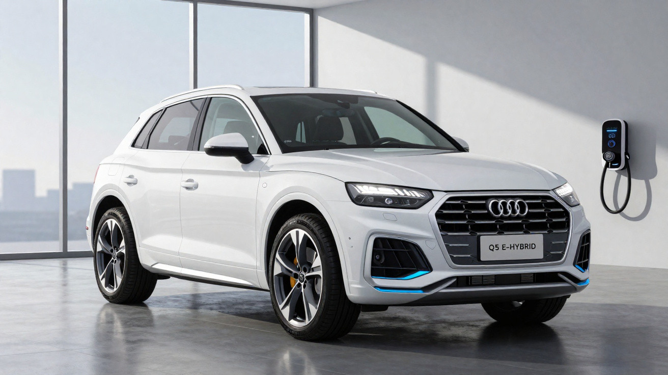 Carro elétrico Audi Q5 E-Hybrid branco estacionado junto a uma estação de carregamento num espaço moderno.
