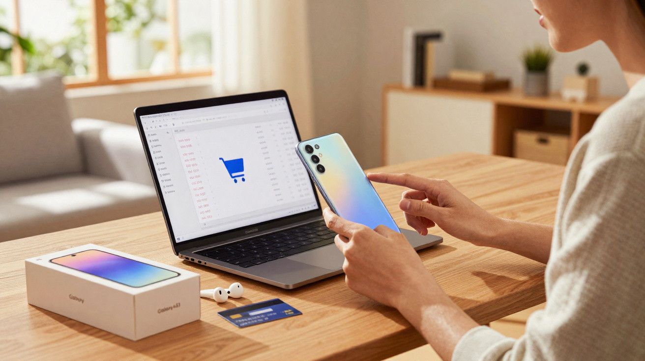 Pessoa a fazer compras online com smartphone, cartão e computador portátil numa secretária em casa.