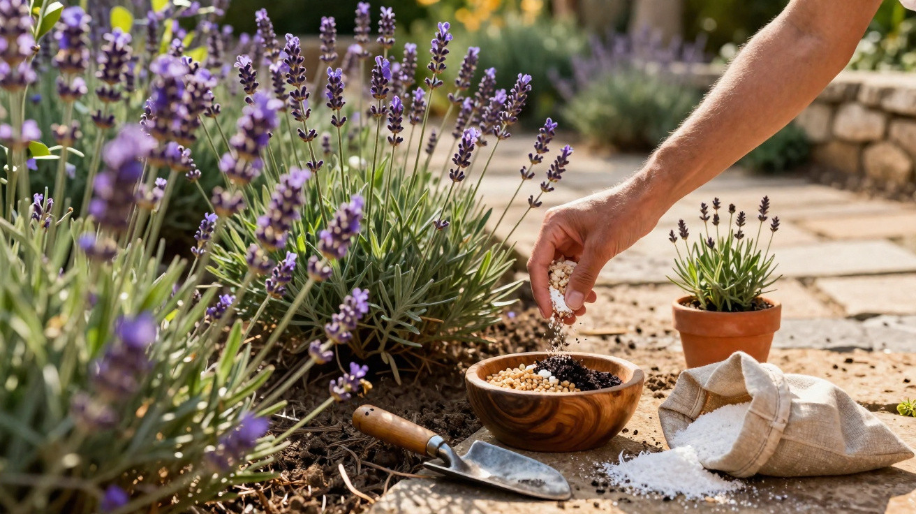 Mão a semear sementes num canteiro com lavanda junto a uma luva de tecido e uma colher de jardim.