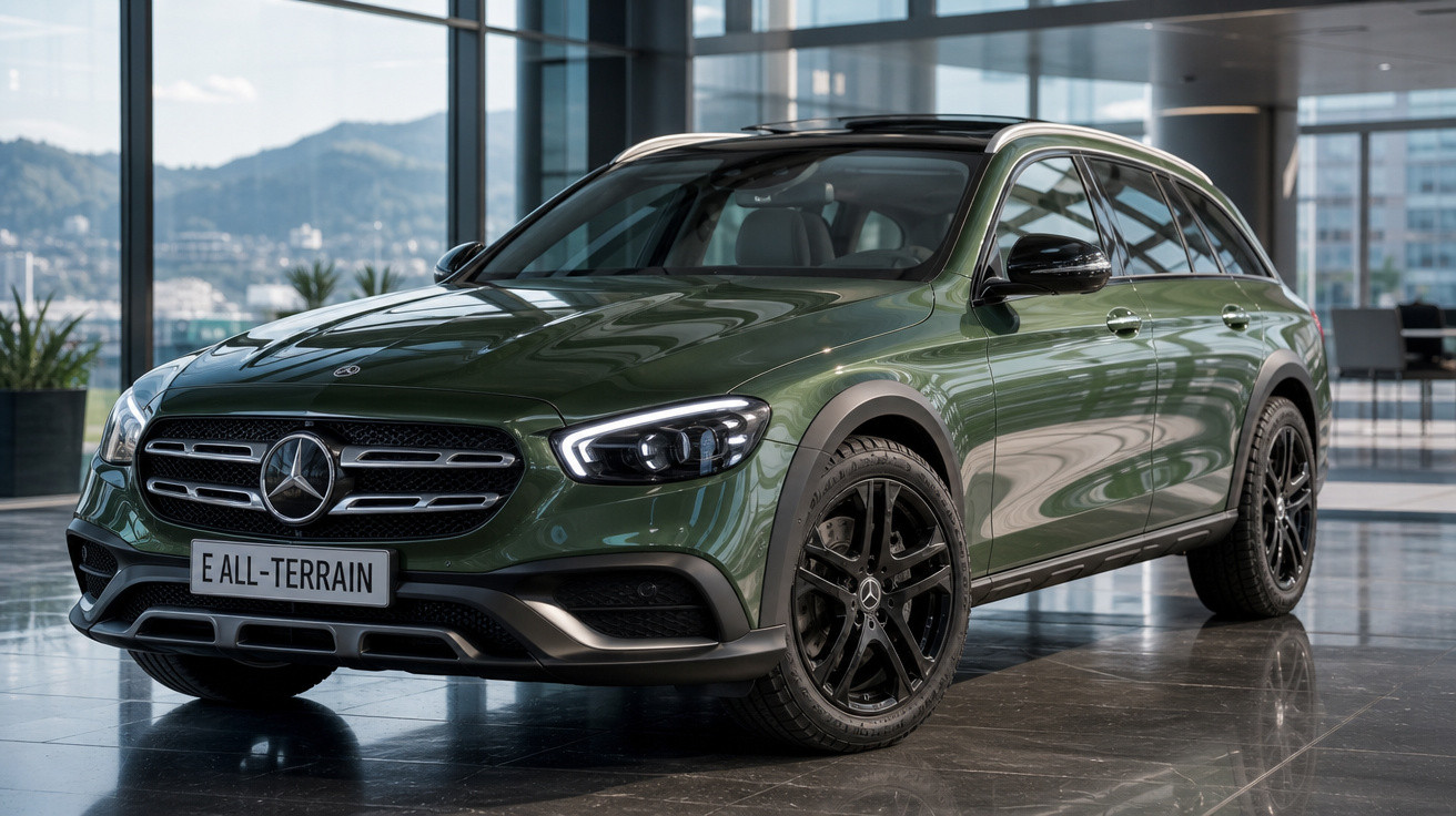Carro Mercedes-Benz E All-Terrain verde escuro estacionado em ambiente interior moderno com janelas amplas.