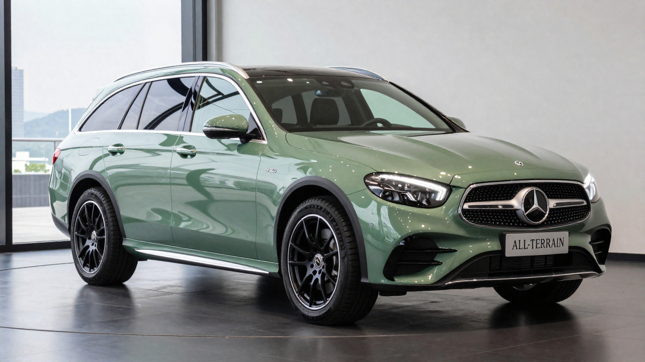 Carro familiar Mercedes-Benz All-Terrain verde com jantes pretas num showroom moderno.