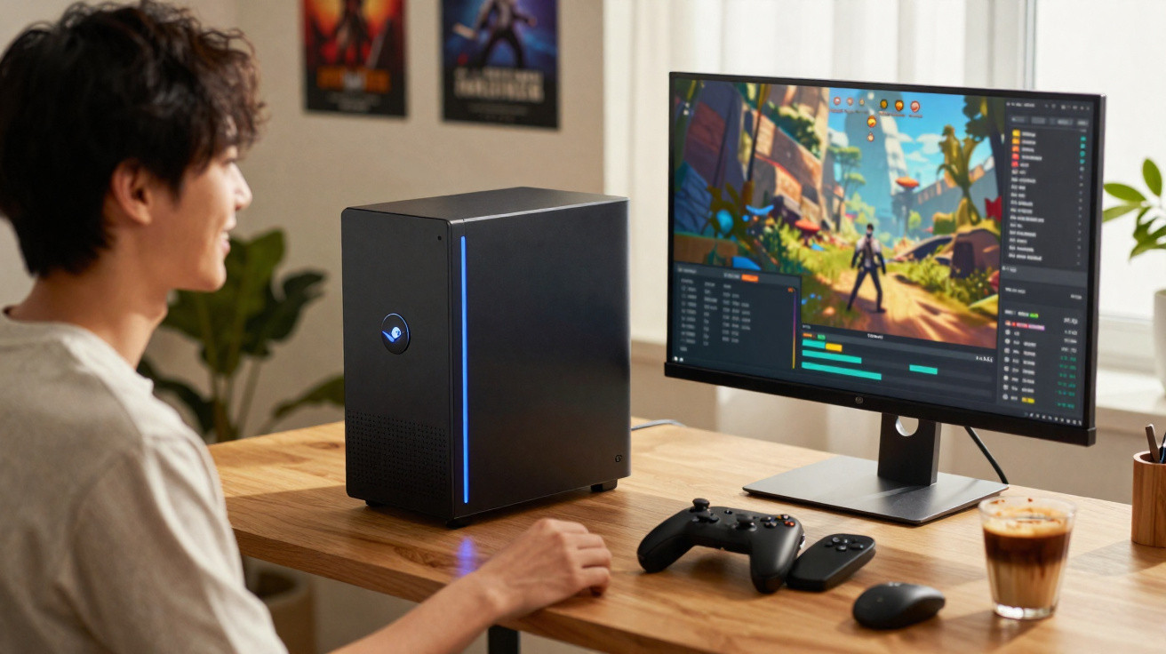 Homem sentado a jogar videojogo num computador de secretária com comandos e café ao lado.
