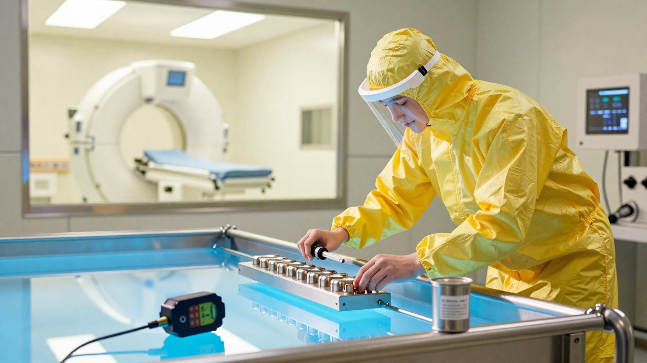 Pessoa em traje protetor amarelo trabalha num laboratório com equipamento tecnológico avançado.
