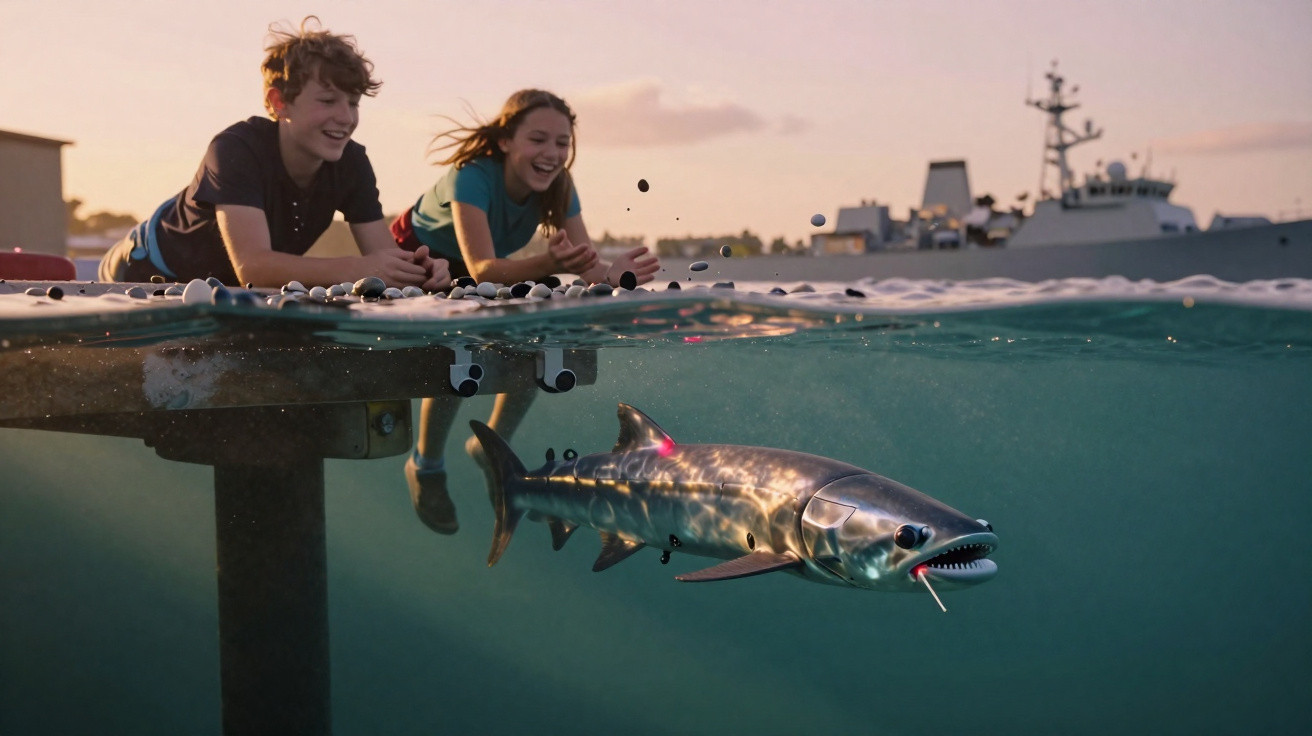 Dois jovens divertem-se a alimentar um tubarão robótico na água junto a um cais ao pôr do sol.