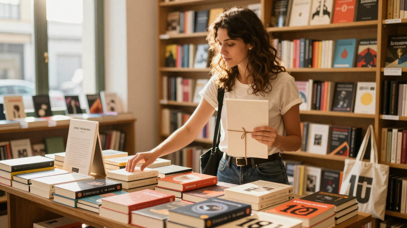 Mulher jovem a folhear livros num balcão de livraria com estantes cheias ao fundo.