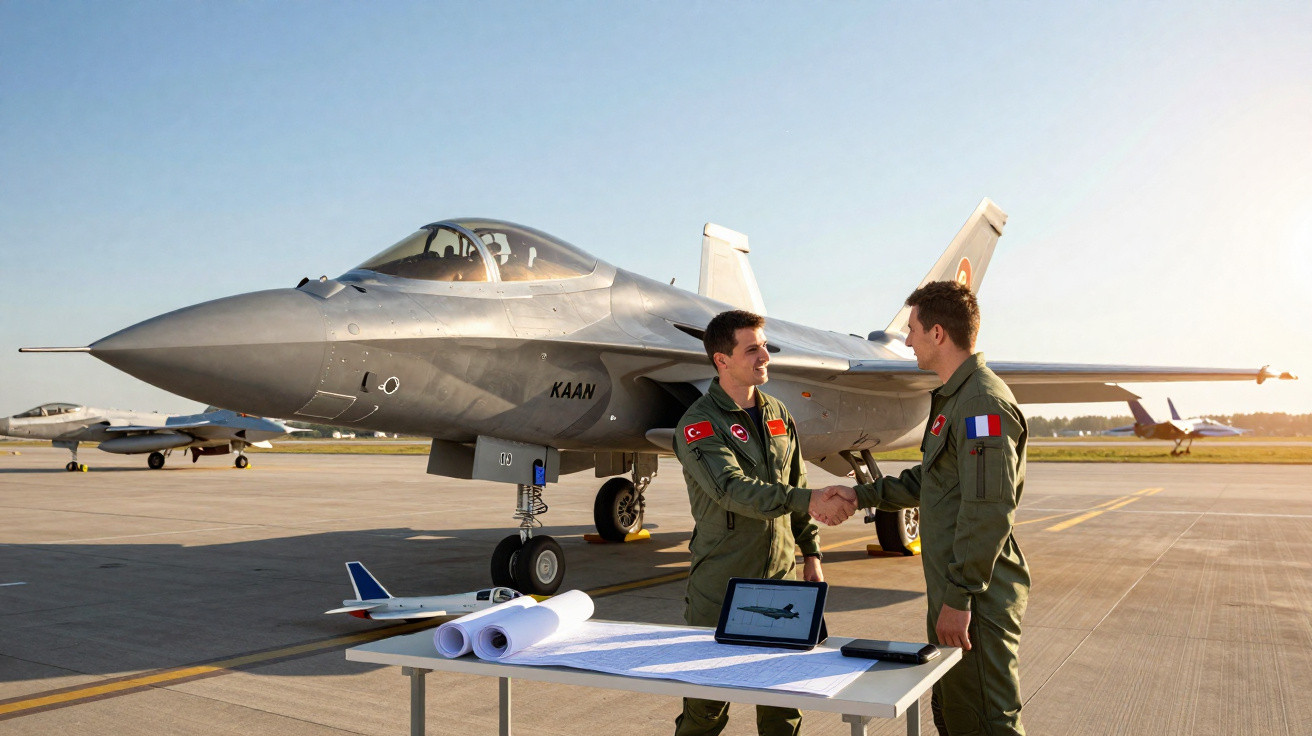 Dois pilotos em uniforme militar apertam as mãos junto a um caça moderno numa pista de aeroportos com tabelas e maquetes à fr