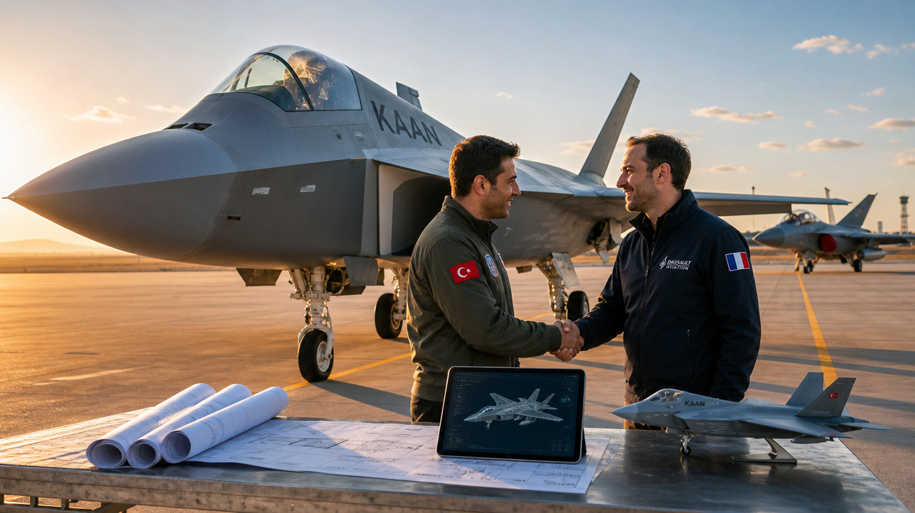 Dois pilotos militares apertam as mãos junto a um caça e maquete no pátio de um aeroporto ao pôr do sol.