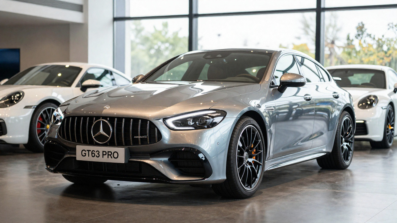Carro desportivo Mercedes-AMG GT63 PRO cinza estacionado em showroom moderno com outros carros ao fundo.