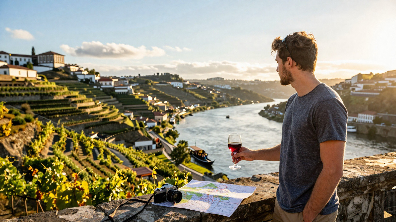 Homem com copo de vinho no rio Douro com vinhas em socalcos e casas ao pôr do sol.