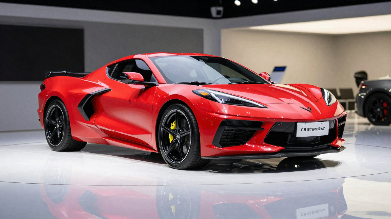Carro desportivo Chevrolet Corvette C8 Stingray vermelho em exposição com jantes pretas e pinças de travão amarelas.
