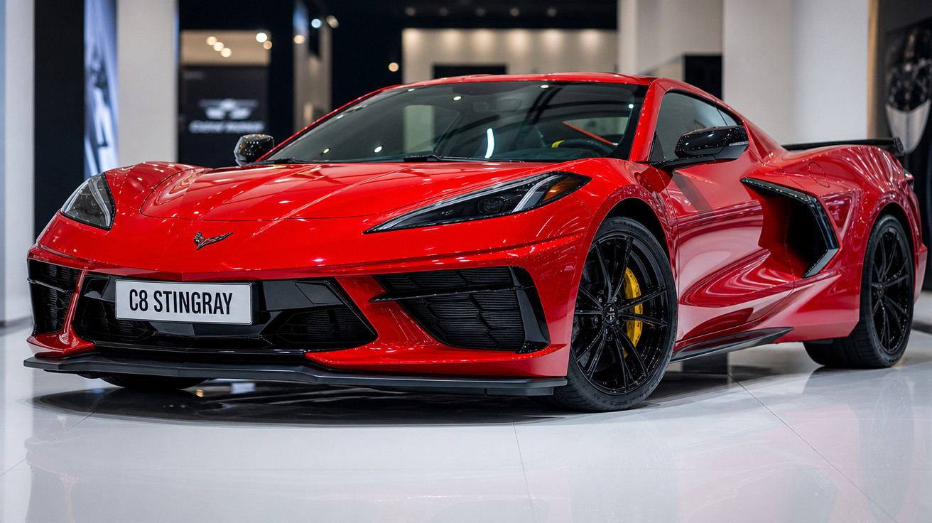 Automóvel desportivo vermelho Chevrolet Corvette C8 Stingray estacionado em showroom moderno.
