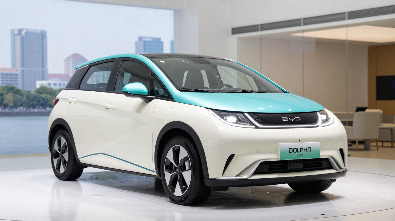 Carro elétrico BYD Dolphin branco com capot azul e quatro portas exposto numa sala moderna.