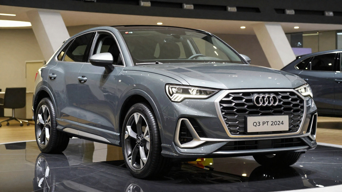 Audi Q3 PT 2024 cinzento exposto em salão automóvel com detalhes em preto e prata.