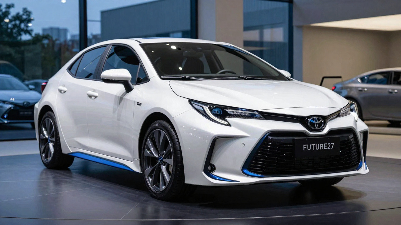 Carro branco Toyota futurista num showroom com luz ambiente e janelas amplas.
