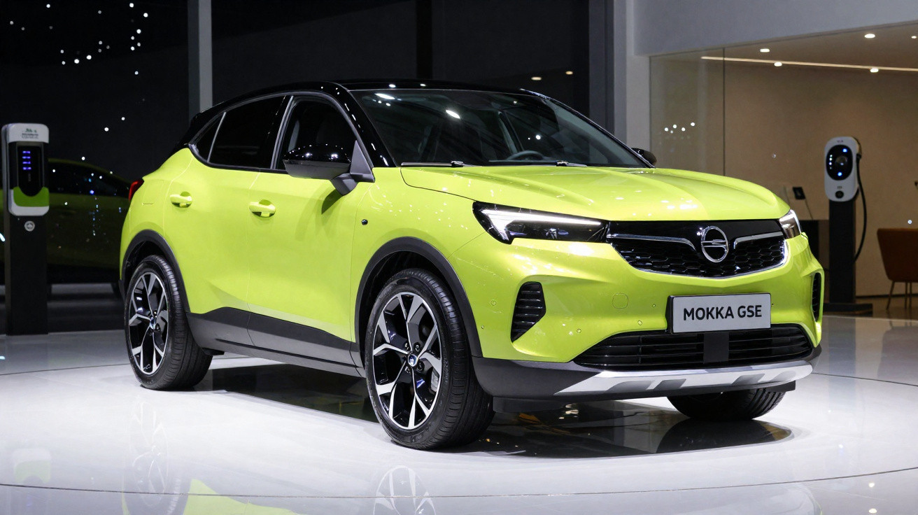 Carro elétrico Opel Mokka GSE amarelo com teto preto, exibido numa sala moderna de exposição.