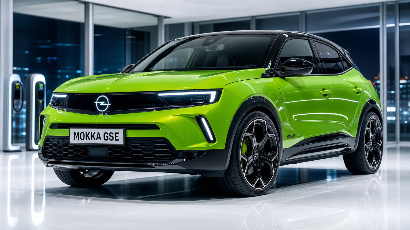 Carro elétrico Opel Mokka GSE verde em exposição num ambiente moderno e iluminado.