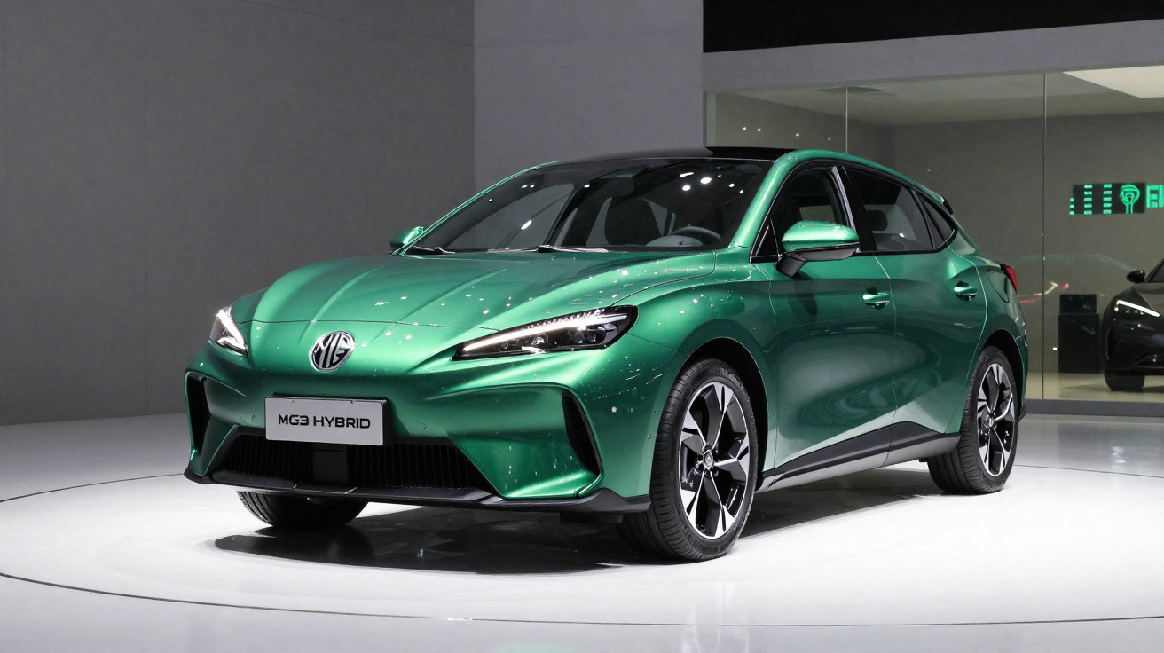 Carro híbrido MG3 verde metálico em exposição num salão automóvel com iluminação brilhante.