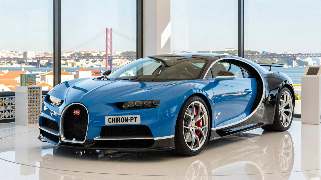 Bugatti Chiron azul com detalhes pretos em exposição interna com vista panorâmica de ponte e rio ao fundo.