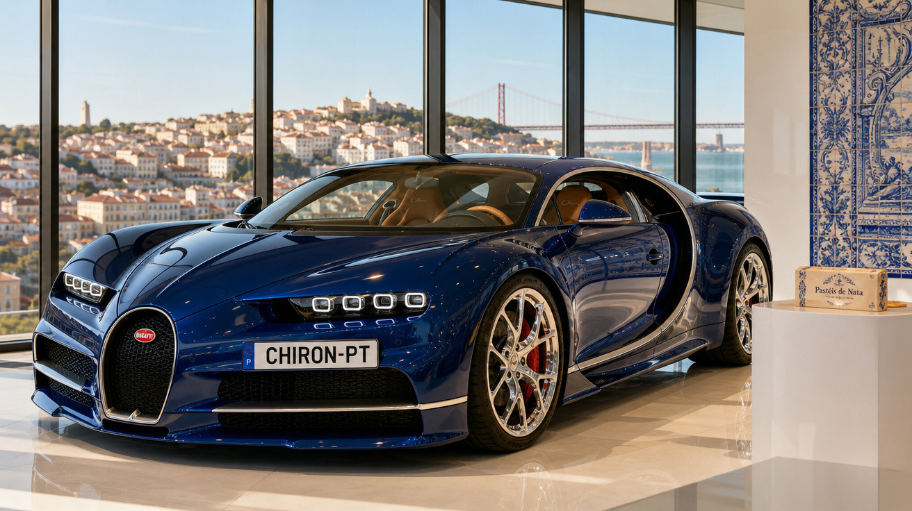 Bugatti Chiron azul num showroom com vista para Lisboa e a ponte 25 de Abril ao fundo.