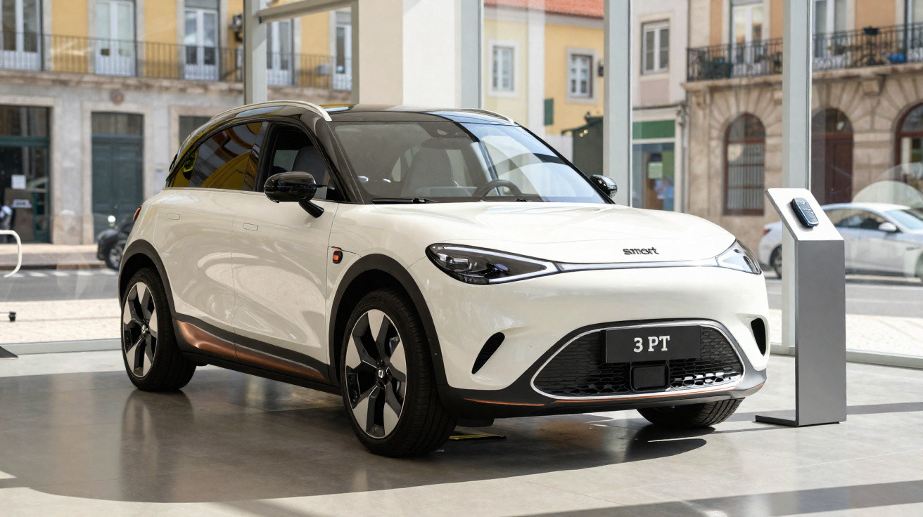 Carro elétrico branco Smart estacionado dentro de uma loja com fachada urbana visível ao fundo.