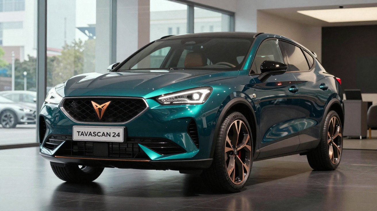 Carro elétrico Tavascan 24 verde metálico em ambiente interior, com design moderno e faróis LED acesos.