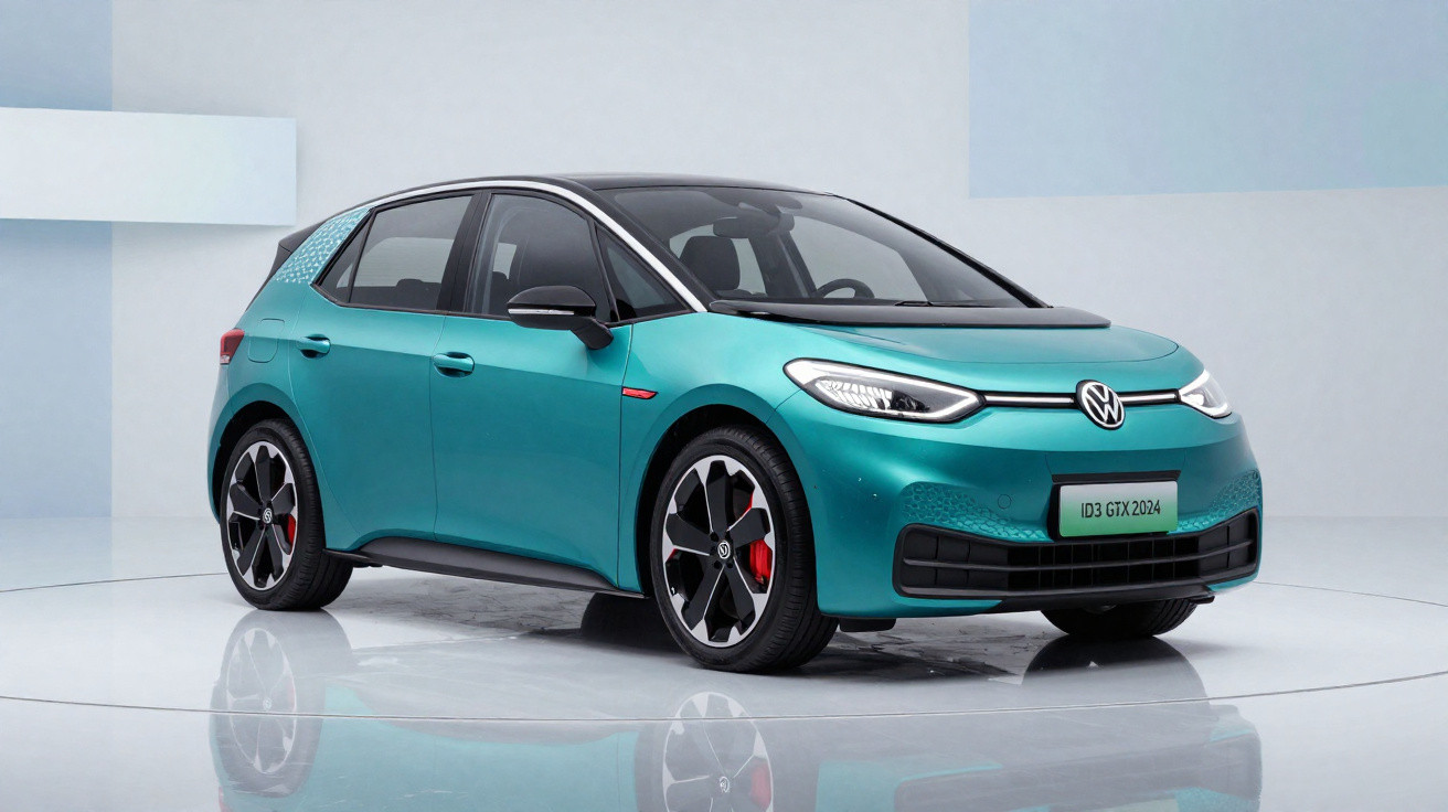 Carro elétrico Volkswagen ID.3 GTX 2024 de perfil, cor azul turquesa, em estúdio minimalista branco.