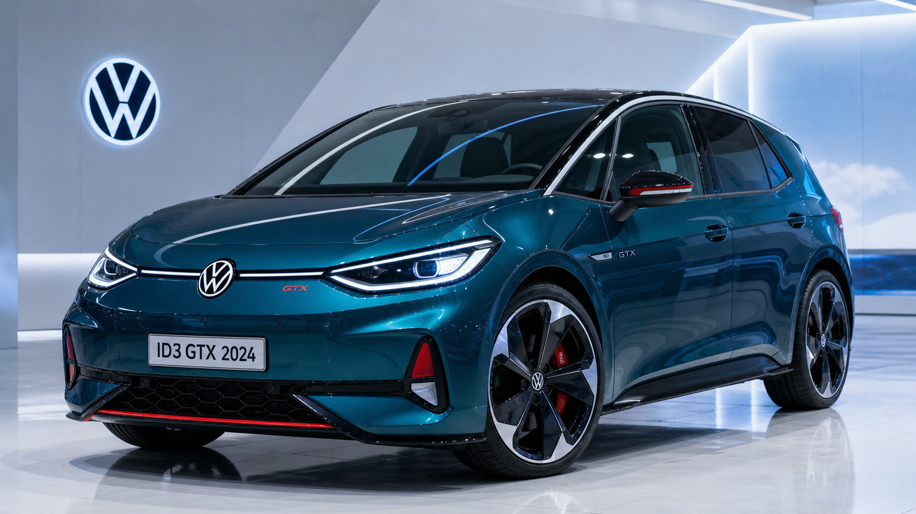 Carro elétrico Volkswagen ID.3 GTX azul em exposição numa sala moderna com luzes brancas.