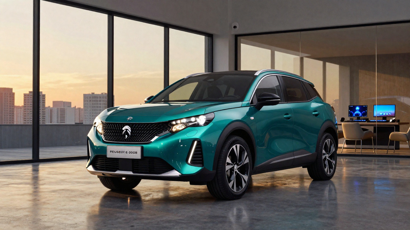 Peugeot e-2008 verde estacionado em espaço interior moderno com grandes janelas e vista urbana ao pôr do sol.