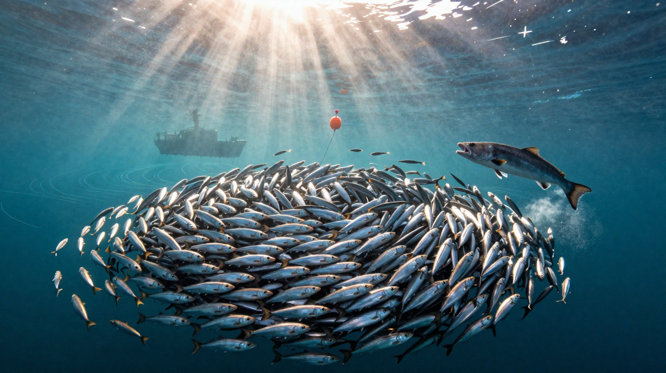 Cardume de peixes pequenos a nadar em círculo no mar com um peixe maior aproximando-se e um barco ao longe.