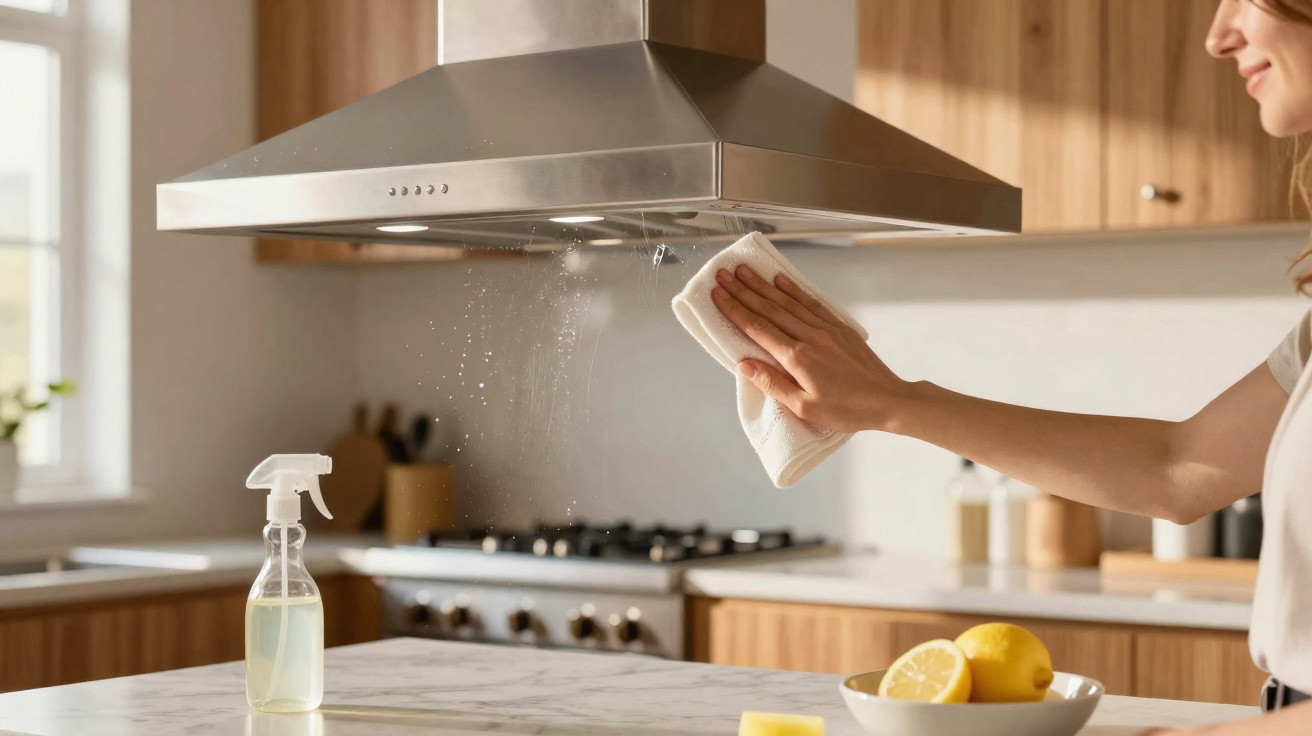 Pessoa a limpar a coifa da cozinha com um pano branco e spray de limpeza numa bancada de mármore.