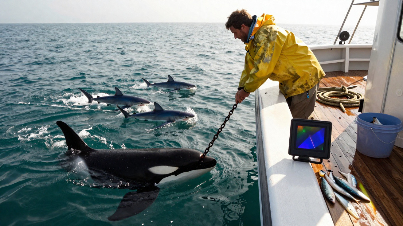 Homem a alimentar orca e tubarões a partir de barco no mar calmo.