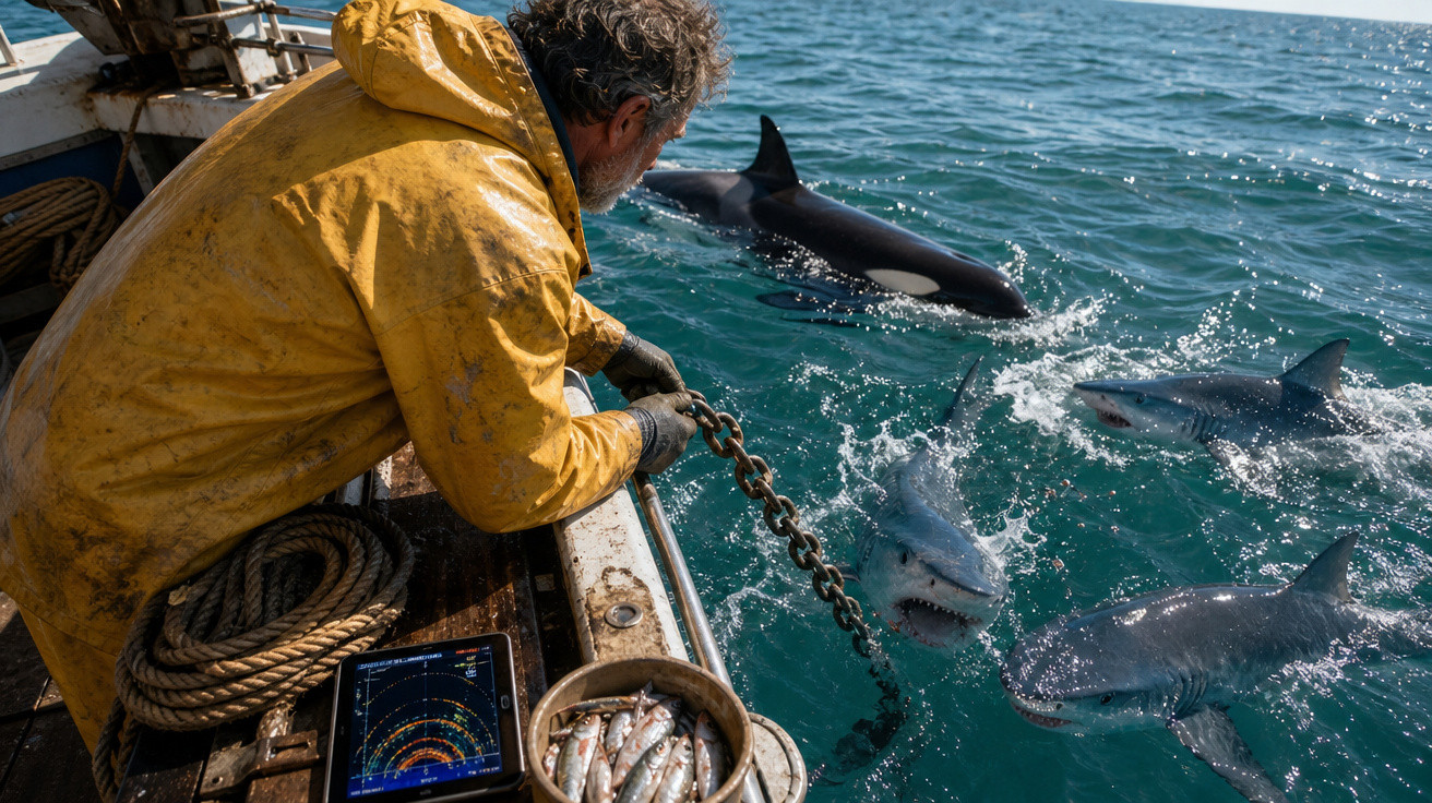 Pescador de capa amarela a bordo de barco segurando corrente, rodeado por tubarões e golfinho na água azul.