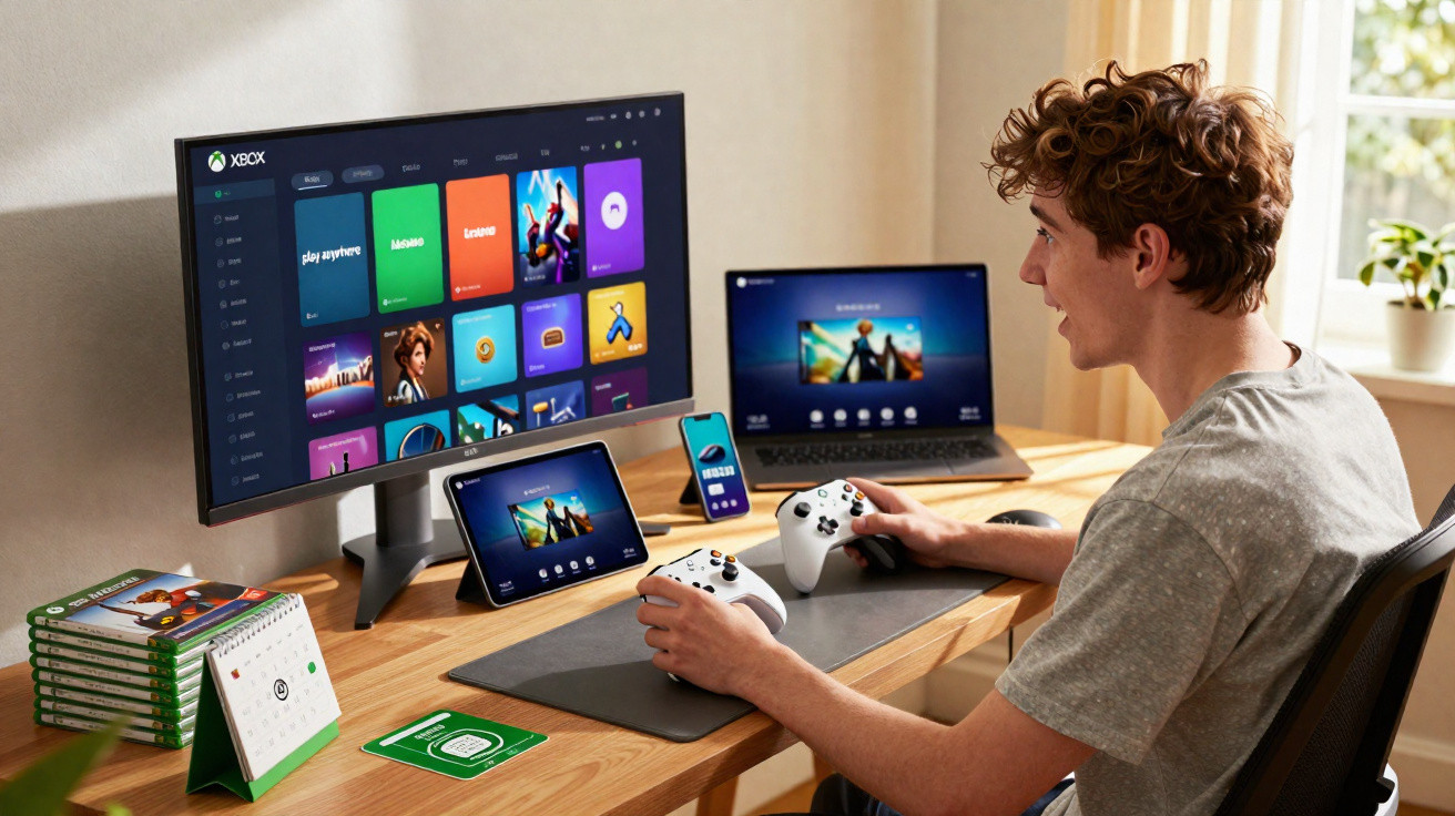 Jovem a jogar videojogos Xbox em vários dispositivos numa secretária iluminada por luz natural.